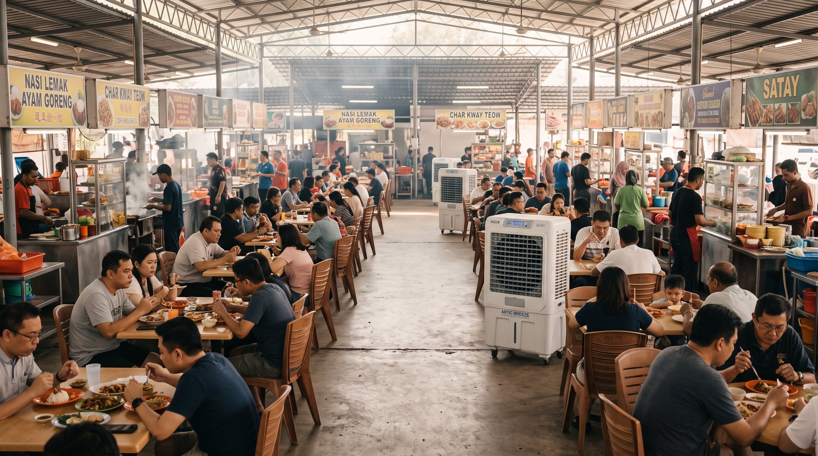 A busy open-air Malaysian food court at midday