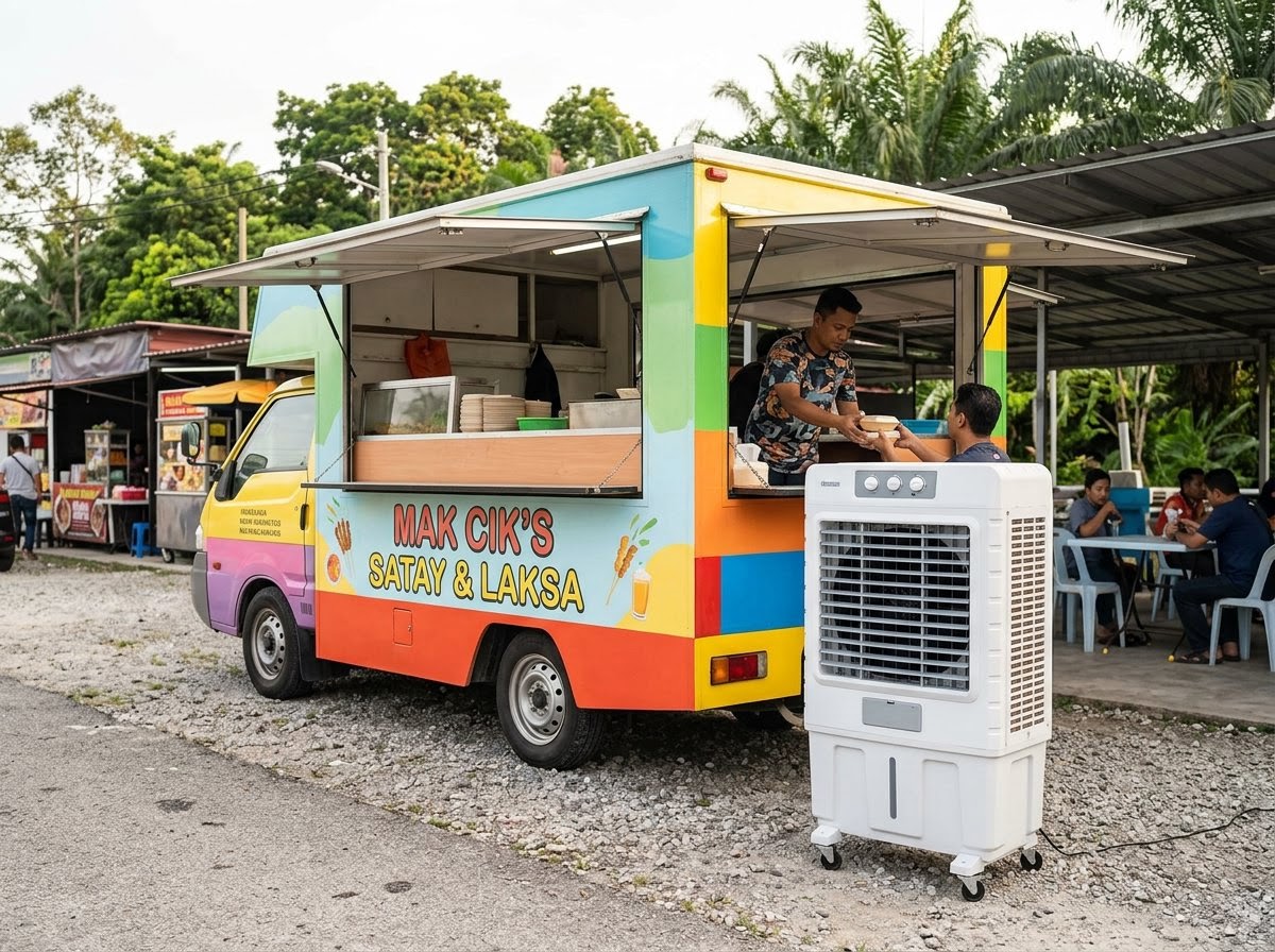 A mobile food truck in an open-air lot