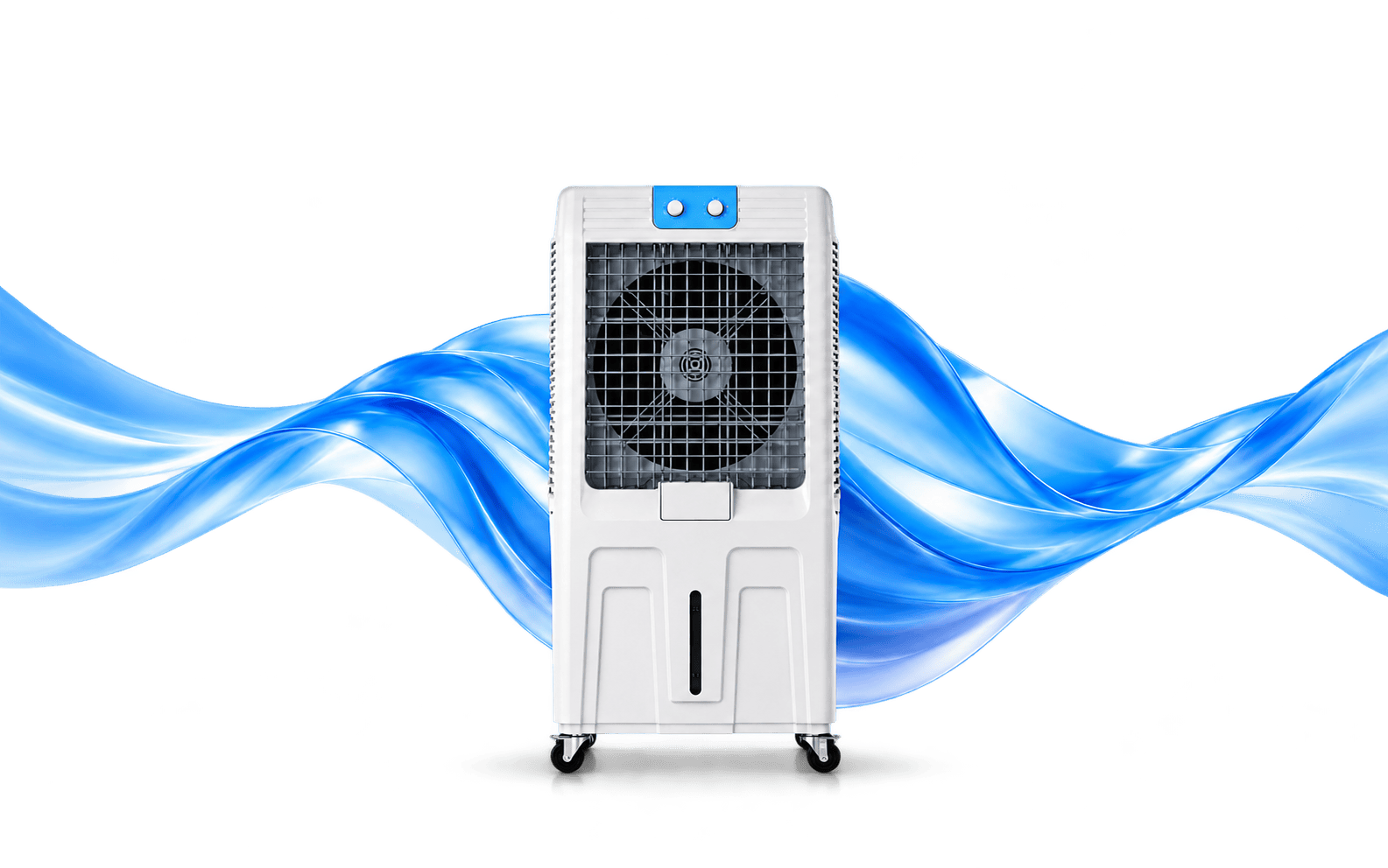 TaiKOOL air cooler surrounded by illustrative flowing blue air ribbons