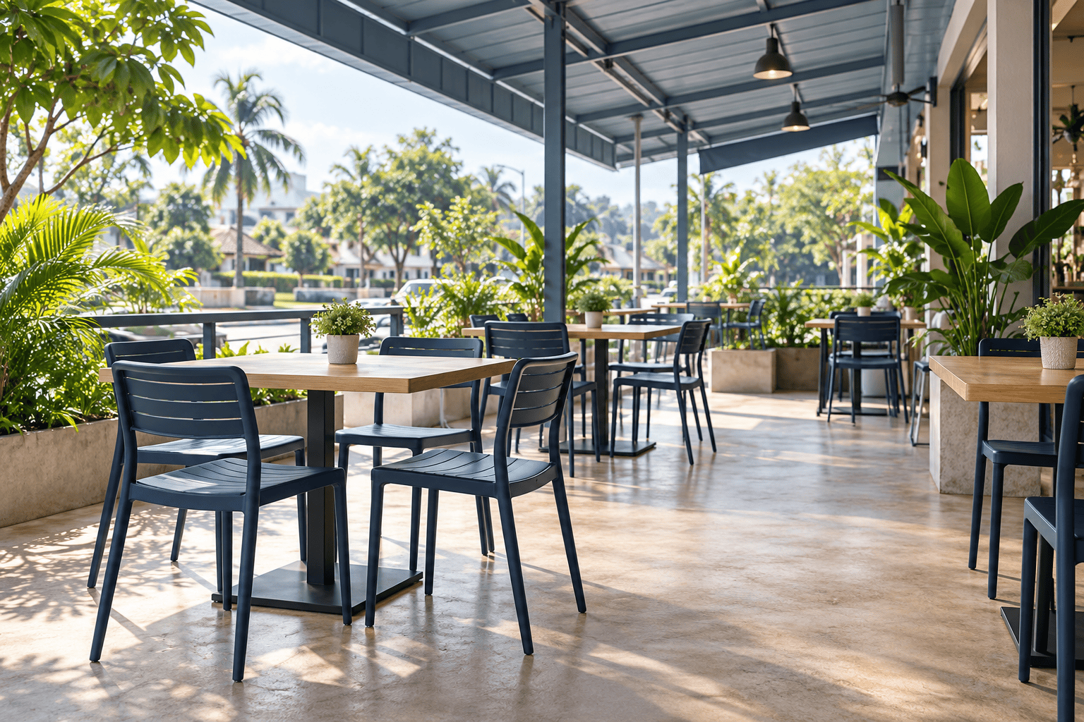 Illustrative open-air Malaysian cafe terrace with outdoor tables and tropical plants