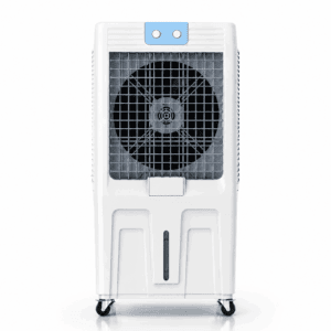 TAC-160 portable air cooler with a white cabinet, blue control panel and wheels