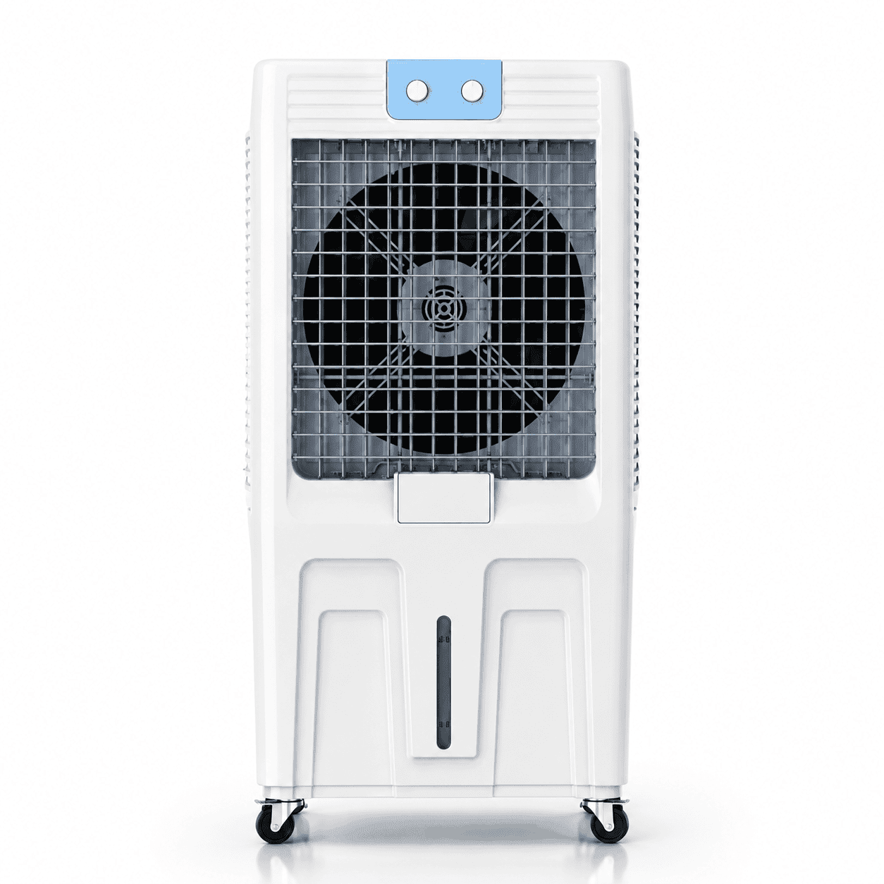 TAC-160 portable air cooler with a white cabinet, blue control panel and wheels